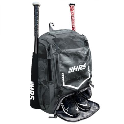 Hit Run Steal Bat Bag Backpack, Holds 4 Bats, Gloves, Helmet, and Cleats, Gray Camo