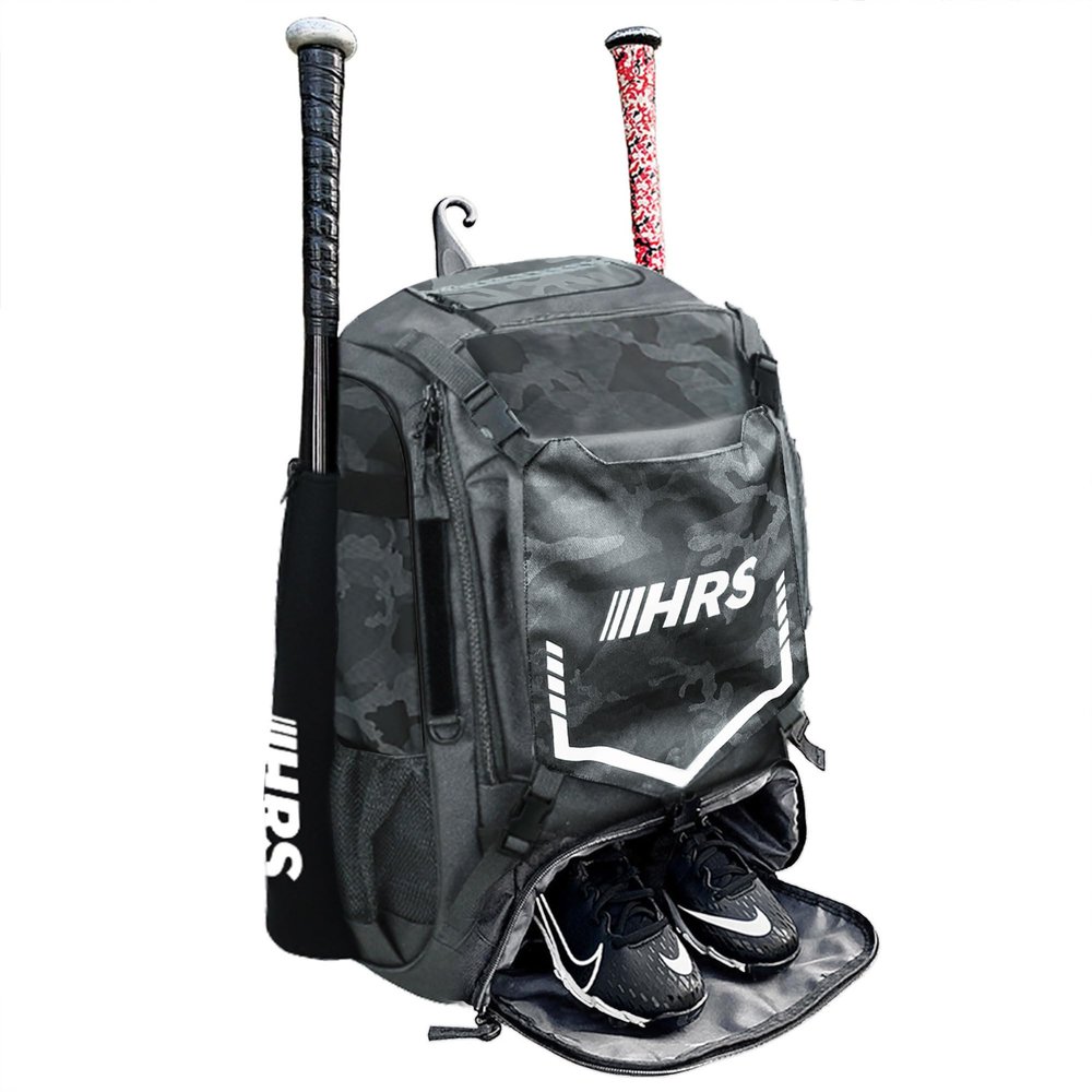 Hit Run Steal Bat Bag Backpack, Holds 4 Bats, Gloves, Helmet, and Cleats, Gray Camo