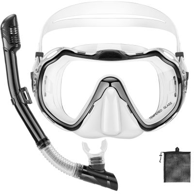 PIYAZI Snorkeling Gear for Adults, Adult Snorkel Set with Panoramic Anti-Leak and Anti-Fog Tempered Glass Snorkel Mask, Dry Top Snorkel, Snorkle Mask Set Adult with Mesh Bag Ear Plug for Snorkeling