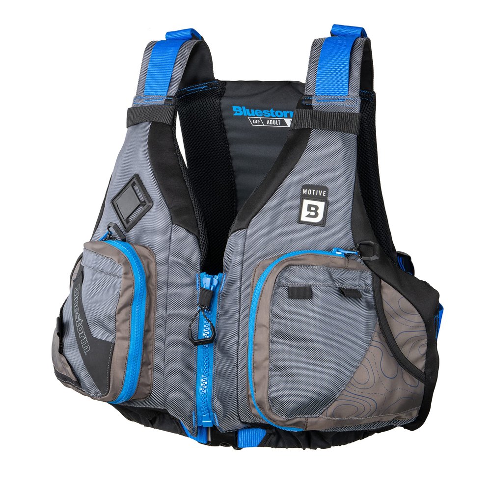 BLUESTORM Motive Kayak Life Jacket (PFD) | Fully Adjustable | Lined Pockets | US Coast Guard Approved | for Kayaking, Paddling, Fishing and More (Deep Blue, Large/XL)