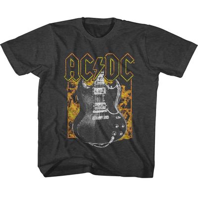 ACDC T Shirt Logo Fire & Guitar Smoke Youth Short Sleeve T Shirts Classic Rock Vintage Style Graphic Tees