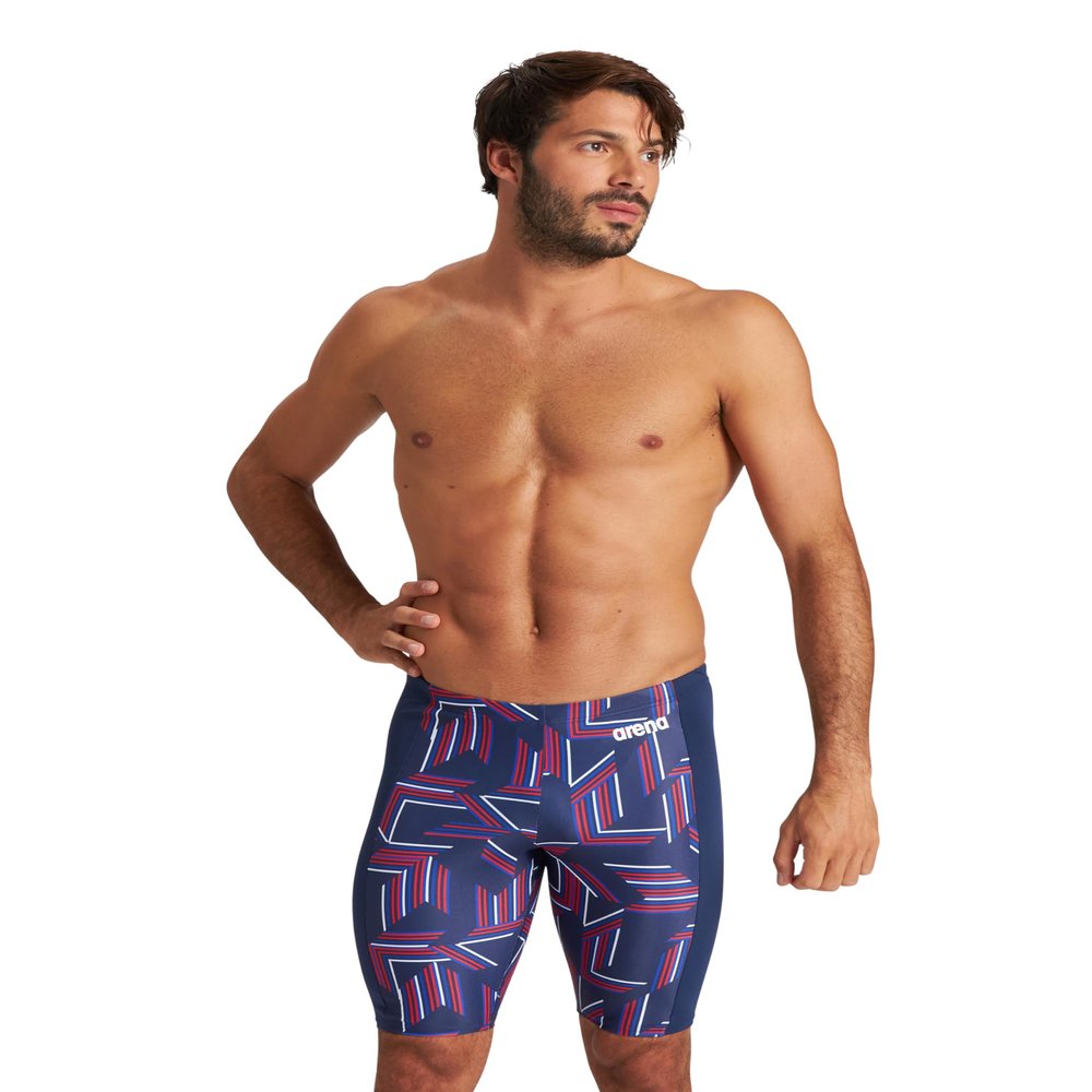 ARENA Men's Swim Jammer Puzzled Team Print MaxLife Athletic Swimwear Training Swimsuit Sports Bathing Suit, Navy/Red Multi, US Size 40