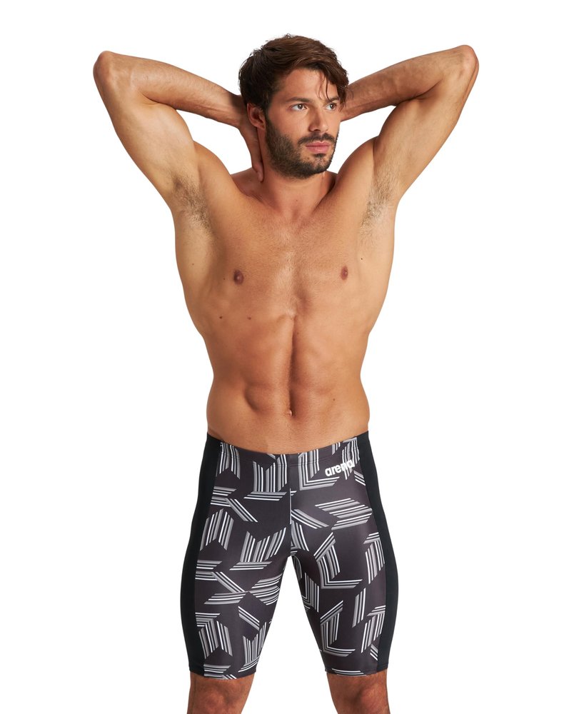 ARENA Men's Swim Jammer Puzzled Team Print MaxLife Athletic Swimwear Training Swimsuit Sports Bathing Suit, Black/Black Multi, US Size 34