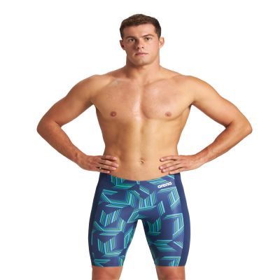 ARENA Men's Swim Jammer Puzzled Team Print MaxLife Athletic Swimwear Training Swimsuit Sports Bathing Suit, Navy/Soft Green Multi, US Size 20