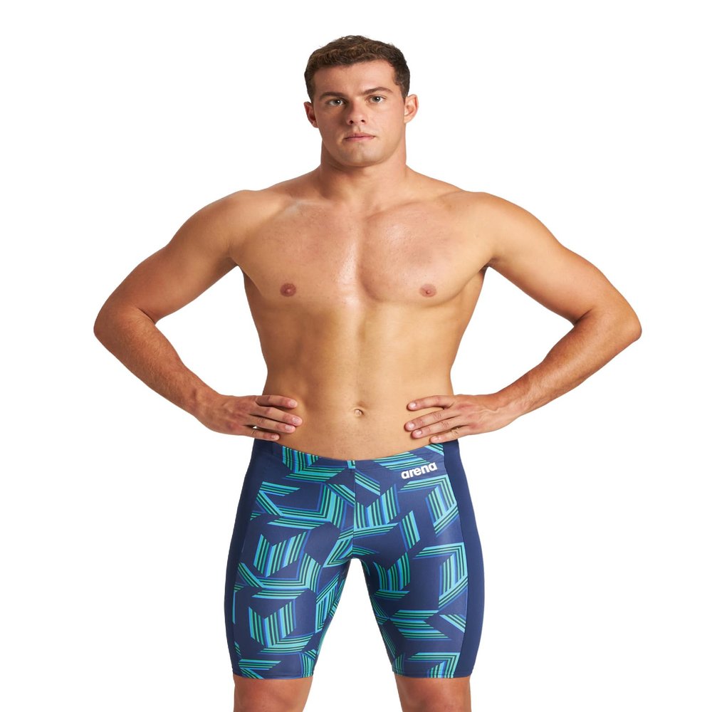 ARENA Men's Swim Jammer Puzzled Team Print MaxLife Athletic Swimwear Training Swimsuit Sports Bathing Suit, Navy/Soft Green Multi, US Size 20