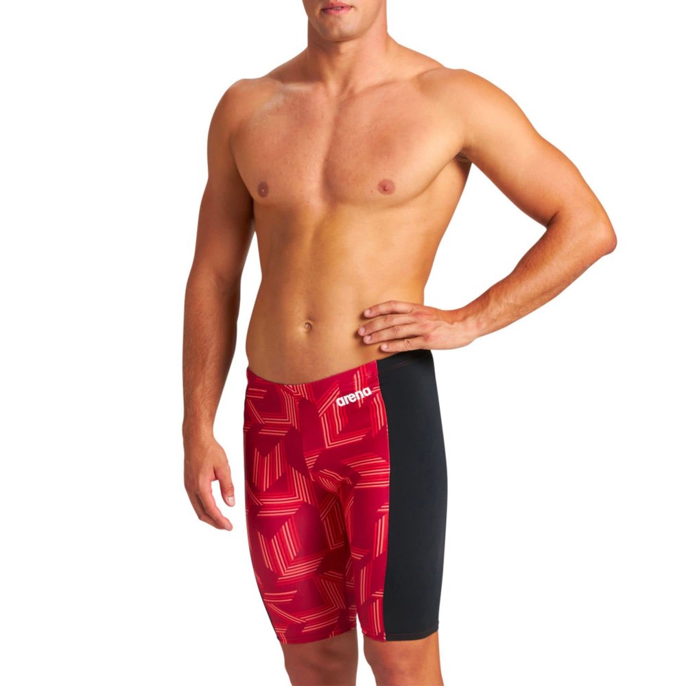 ARENA Men's Swim Jammer Puzzled Team Print MaxLife Athletic Swimwear Training Swimsuit Sports Bathing Suit, Black/Red Multi, US Size 32
