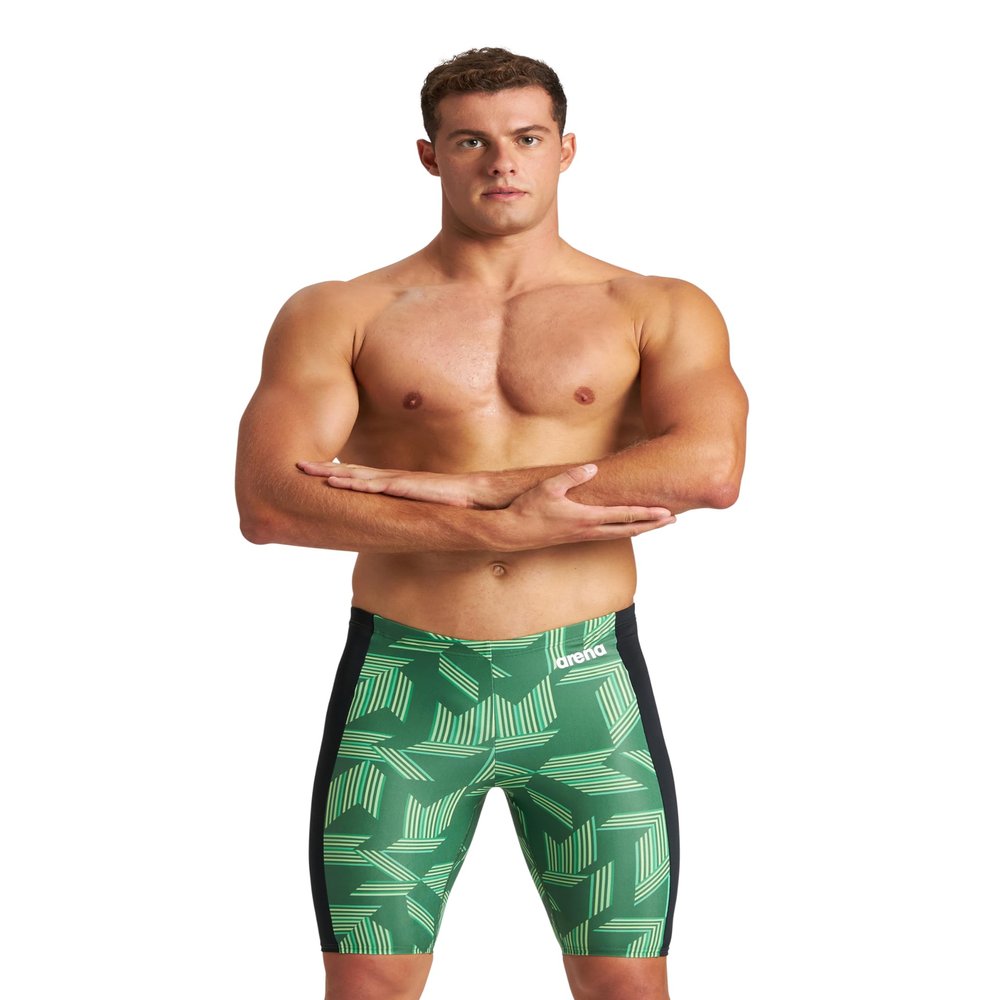 ARENA Men's Swim Jammer Puzzled Team Print MaxLife Athletic Swimwear Training Swimsuit Sports Bathing Suit, Black/Green Multi, US Size 40