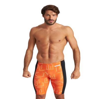 ARENA Men's Swim Jammer Puzzled Team Print MaxLife Athletic Swimwear Training Swimsuit Sports Bathing Suit, Black/Orange Multi, US Size 20