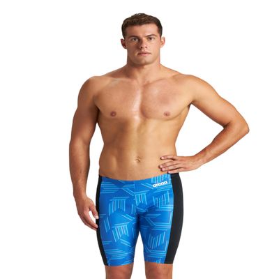 ARENA Men's Swim Jammer Puzzled Team Print MaxLife Athletic Swimwear Training Swimsuit Sports Bathing Suit, Black/Royal Multi, US Size 30
