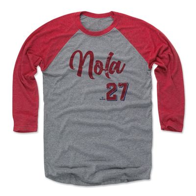 500 LEVEL Aaron Nola 3/4 Sleeve T-Shirt (Baseball Tee, XXX-Large, Red/Heather Gray) - Aaron Nola Philadelphia Script