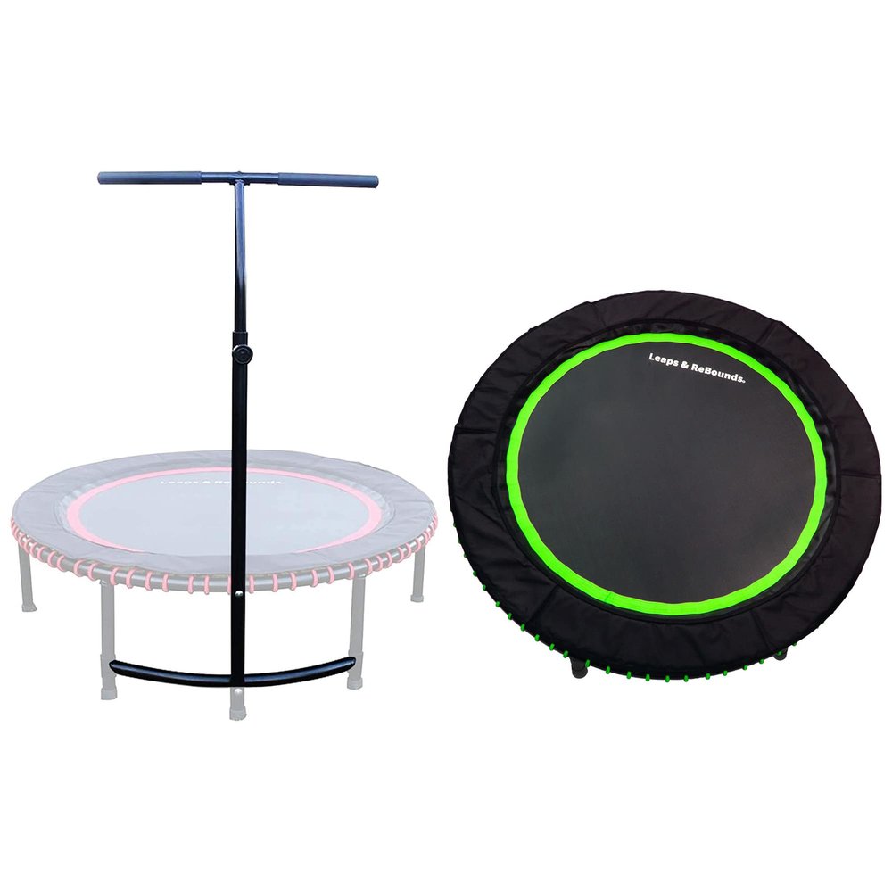 LEAPS & REBOUNDS 40" Adjustable Stability Bar Attachment with 40" Mini Fitness Trampoline and Home Gym Rebounder for Cardio Exercises, Green