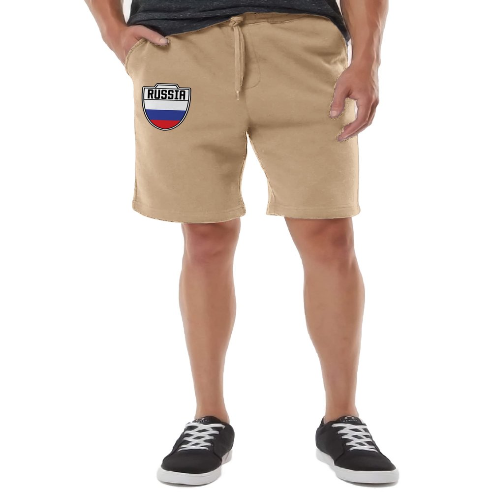 Russia Crest - National Soccer Cup Men's Drawstring Fleece Sweat Shorts (XX-Large, Sandstone)