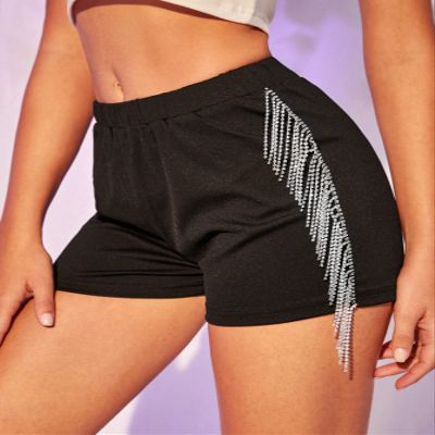 TERNEZ Shorts for Women Rhinestone Fringe Trim Shorts (Color : Black, Size : X-Small)