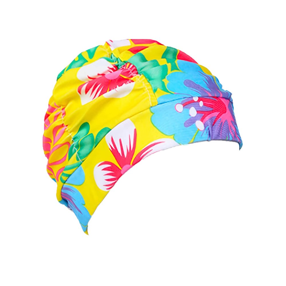Fabric Swimming Cap for Women - Pleated Floral Swim Hat Turban for Long Hair - Pool Hat, Chemo Cap, Cancer Headwear for Hair Loss