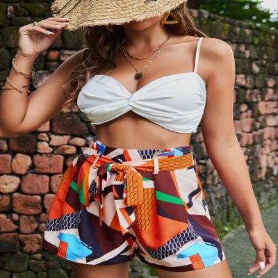 CRTGW Shorts for Women High Waist Geo Print Plicated Detail Belted Shorts (Color : Multicolor, Size : X-Small)