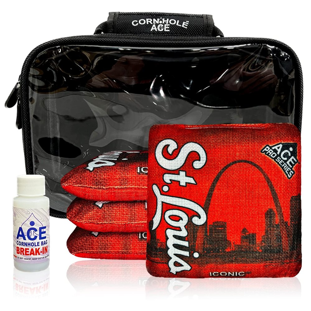 CornholeAce Iconic - St. Louis - ACE Pro Bag Kit: 4 Bags + Break-in Kit + Carry Case - Professional Cornhole Bags Dual Sided Slick Stick