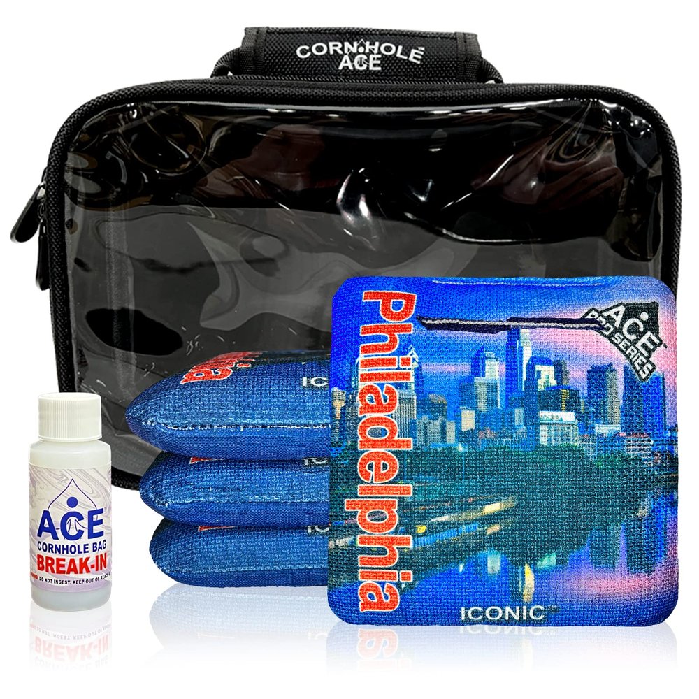 CornholeAce Iconic - Philadelphia - ACE Pro Bag Kit: 4 Pro Bags + Break-in Kit + Carry Case - Professional Cornhole Bags Dual Sided Slick Stick