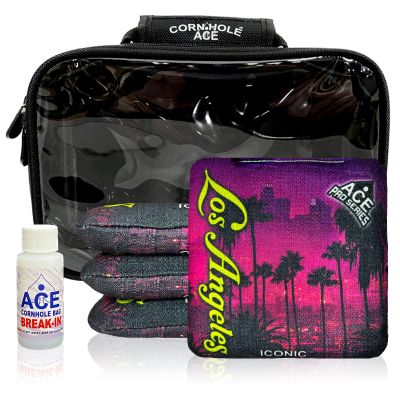 CornholeAce Iconic - Los Angeles - ACE Pro Bag Kit: 4 Bags + Break-in Kit + Carry Case - Professional Cornhole Bags Dual Sided Slick Stick