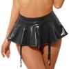 ACSUSS Women Faux Leather Built-in Thongs Ruffle Pleated Mini Skirt with 4 Garter Belts Metal Clips Black Medium view 1