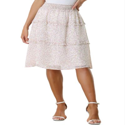 Allegra K Women's Floral Skirts Spring Smocked Elastic Waist A-Line Below Knee Length Ruffle Tiered Skirt X-Large White1