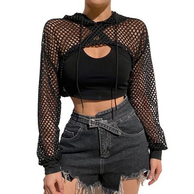 Women Sexy Mesh Fishnet Long Sleeve Pullover Hoodie Drawstring See Through Mesh Crop Top Sheer Fishnet Mesh Top Hollow Out Sweatshirt Beach Swim Top Tee Sheer Blouse Clubwear Party Shirt Ladies Girls
