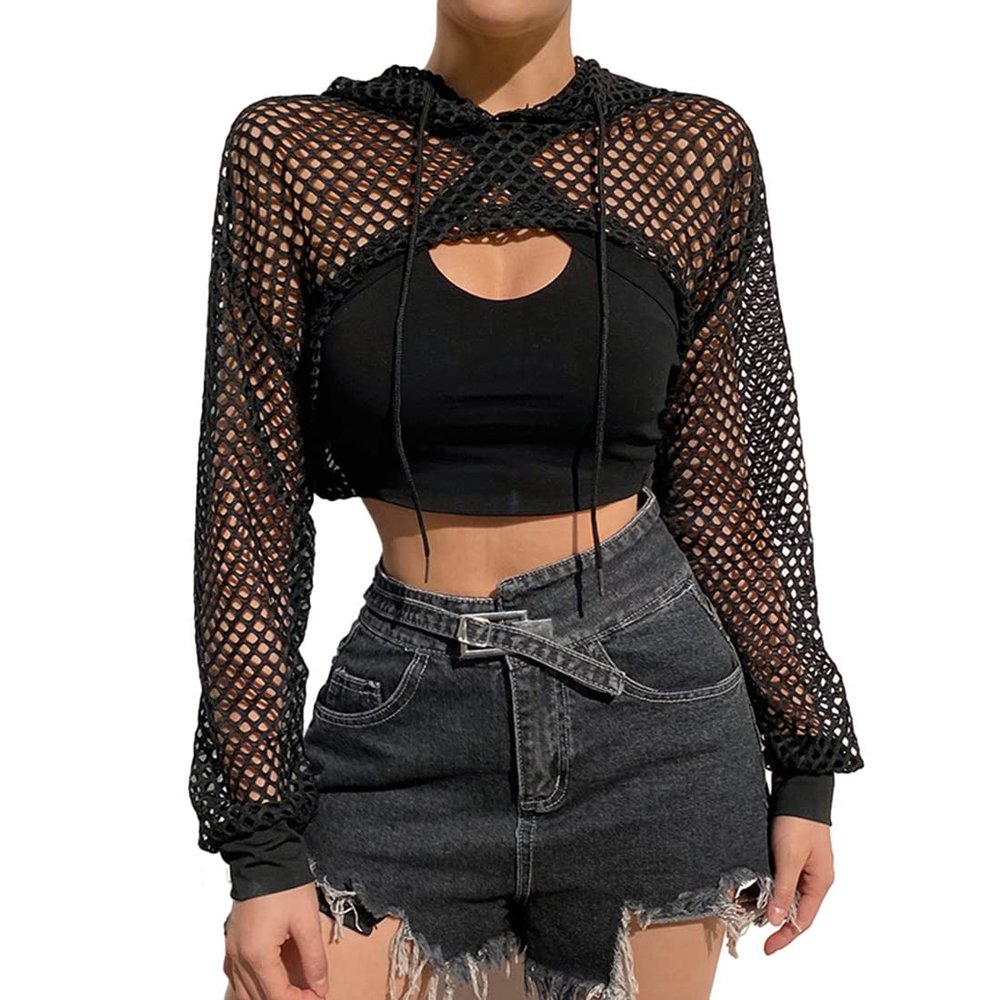 Women Sexy Mesh Fishnet Long Sleeve Pullover Hoodie Drawstring See Through Mesh Crop Top Sheer Fishnet Mesh Top Hollow Out Sweatshirt Beach Swim Top Tee Sheer Blouse Clubwear Party Shirt Ladies Girls
