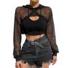 Women Sexy Mesh Fishnet Long Sleeve Pullover Hoodie Drawstring See Through Mesh Crop Top Sheer Fishnet Mesh Top Hollow Out Sweatshirt Beach Swim Top Tee Sheer Blouse Clubwear Party Shirt Ladies Girls view 1