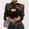 Women Sexy Mesh Fishnet Long Sleeve Pullover Hoodie Drawstring See Through Mesh Crop Top Sheer Fishnet Mesh Top Hollow Out Sweatshirt Beach Swim Top Tee Sheer Blouse Clubwear Party Shirt Ladies Girls view 2