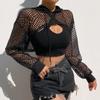 Women Sexy Mesh Fishnet Long Sleeve Pullover Hoodie Drawstring See Through Mesh Crop Top Sheer Fishnet Mesh Top Hollow Out Sweatshirt Beach Swim Top Tee Sheer Blouse Clubwear Party Shirt Ladies Girls view 3