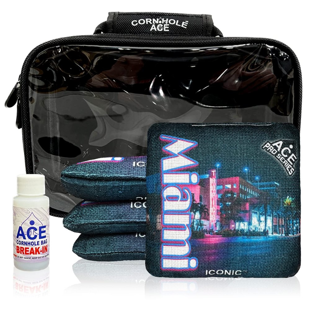 CornholeAce Iconic - Miami - ACE Pro Bag Kit: 4 Bags + Break-in Kit + Carry Case - Professional Cornhole Bags Dual Sided Slick Stick