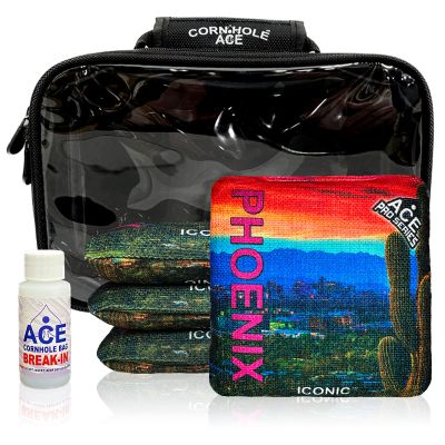 CornholeAce Iconic - Phoenix - ACE Pro Bag Kit: 4 Bags + Break-in Kit + Carry Case - Professional Cornhole Bags Dual Sided Slick Stick