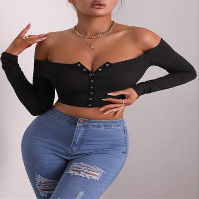 ALBVLE Women's T-Shirt Off Shoulder Press Buttoned Crop Tee T-Shirt for Women (Color : Black, Size : X-Small)