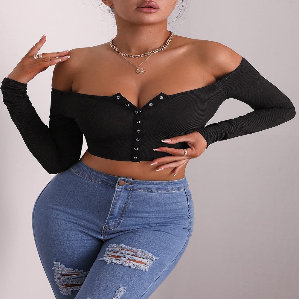 ALBVLE Women's T-Shirt Off Shoulder Press Buttoned Crop Tee T-Shirt for Women (Color : Black, Size : X-Small)