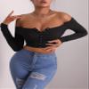 ALBVLE Women's T-Shirt Off Shoulder Press Buttoned Crop Tee T-Shirt for Women (Color : Black, Size : X-Small) view 1