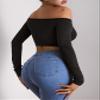 ALBVLE Women's T-Shirt Off Shoulder Press Buttoned Crop Tee T-Shirt for Women (Color : Black, Size : X-Small) view 2