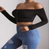 ALBVLE Women's T-Shirt Off Shoulder Press Buttoned Crop Tee T-Shirt for Women (Color : Black, Size : X-Small) view 3