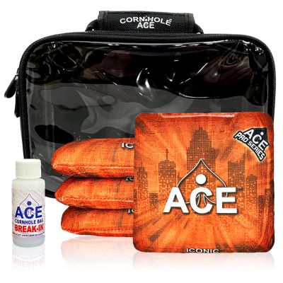 CornholeAce Iconic - Orange - ACE Pro Bag Kit: 4 Bags + Break-in Kit + Carry Case - Professional Cornhole Bags Dual Sided Slick Stick
