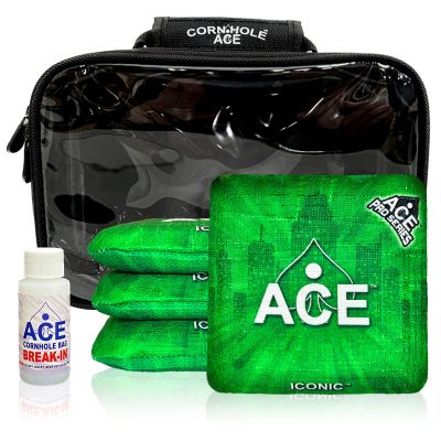 CornholeAce Iconic - Green - ACE Pro Bag Kit: 4 Bags + Break-in Kit + Carry Case - Professional Cornhole Bags Dual Sided Slick Stick