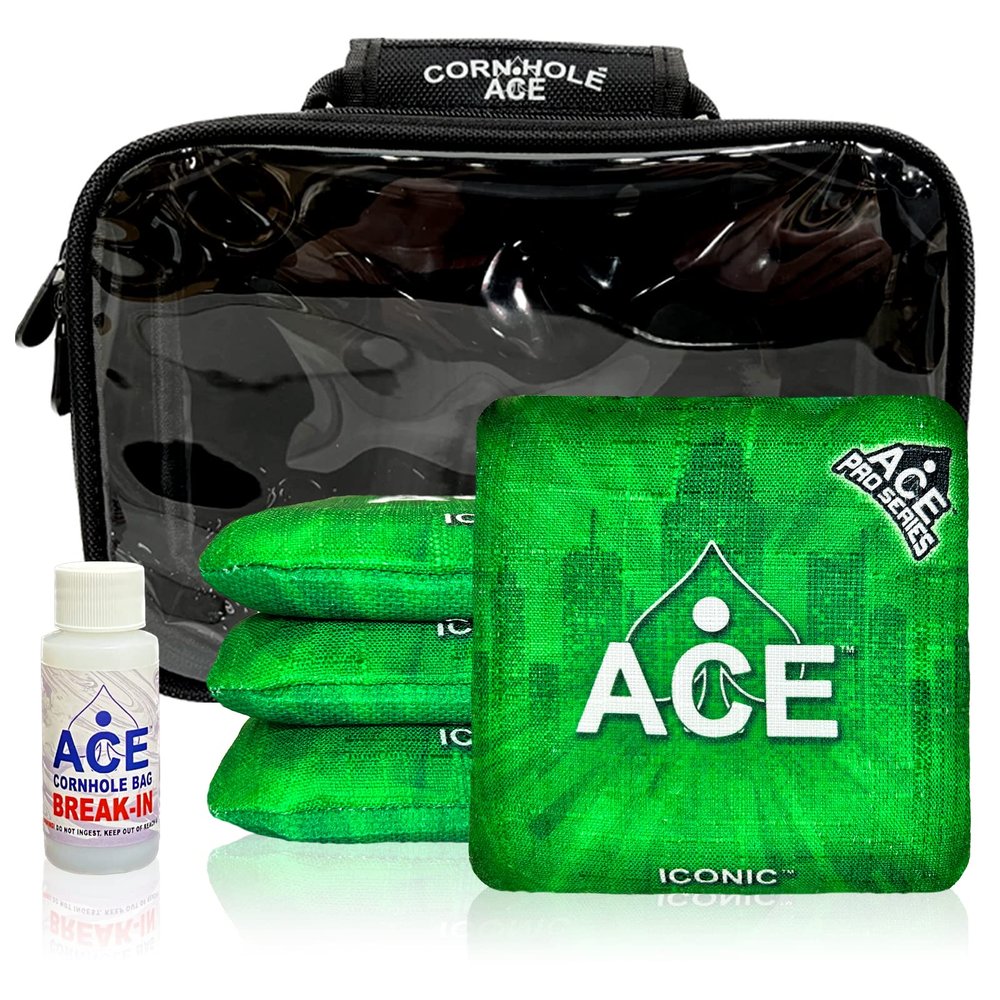 CornholeAce Iconic - Green - ACE Pro Bag Kit: 4 Bags + Break-in Kit + Carry Case - Professional Cornhole Bags Dual Sided Slick Stick