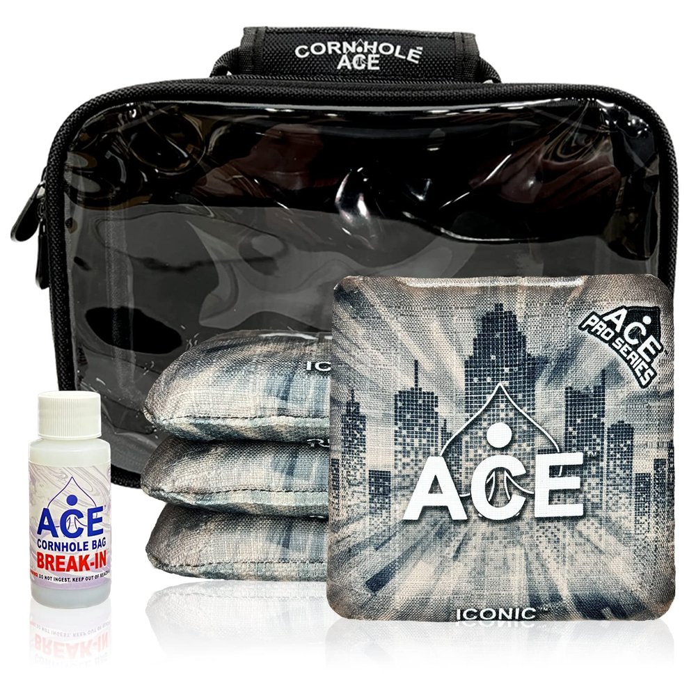 CornholeAce Iconic - Silver - ACE Pro Bag Kit: 4 Bags + Break-in Kit + Carry Case - Professional Cornhole Bags Dual Sided Slick Stick