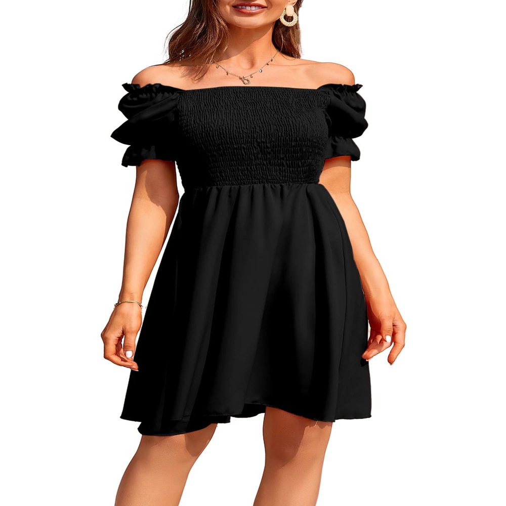 BBcoch Puff Sleeve Smocked Mini Dresses for Women Off Shoulder Square Neck Summer Casual Flowy Dress Black X-Large
