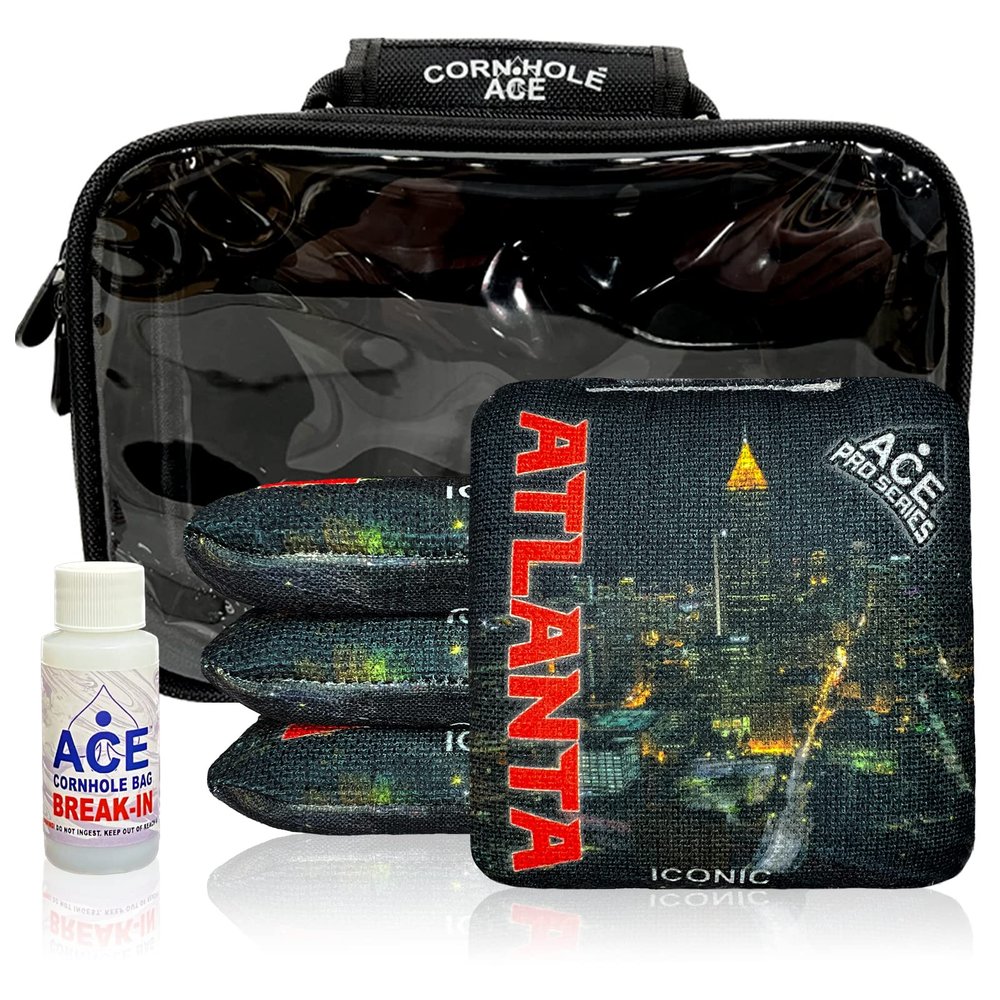CornholeAce Iconic - Atlanta - ACE Pro Bag Kit: 4 Bags + Break-in Kit + Carry Case - Professional Cornhole Bags Dual Sided Slick Stick