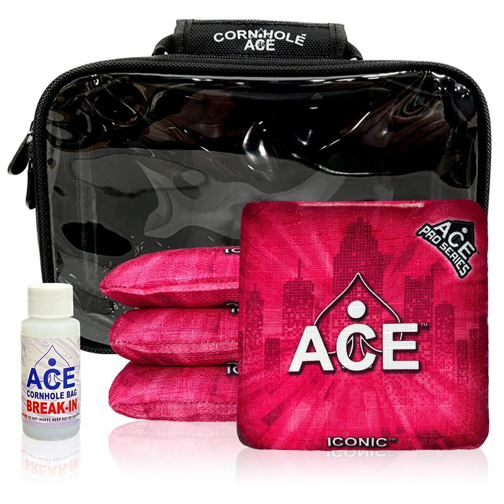 CornholeAce Iconic - Pink - ACE Pro Bag Kit: 4 Bags + Break-in Kit + Carry Case - Professional Cornhole Bags Dual Sided Slick Stick