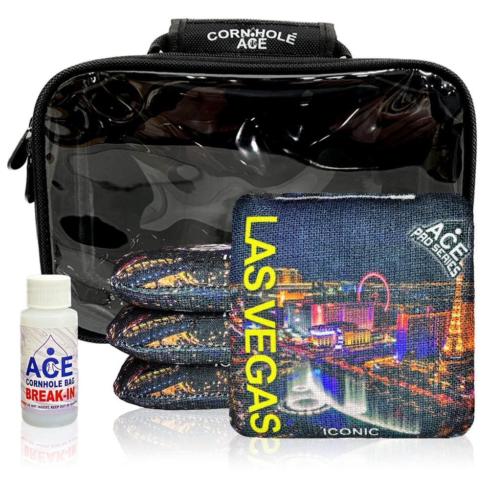 CornholeAce Iconic - Las Vegas - ACE Pro Bag Kit: 4 Pro Bags + Break-in Kit + Carry Case - Professional Cornhole Bags Dual Sided Slick Stick
