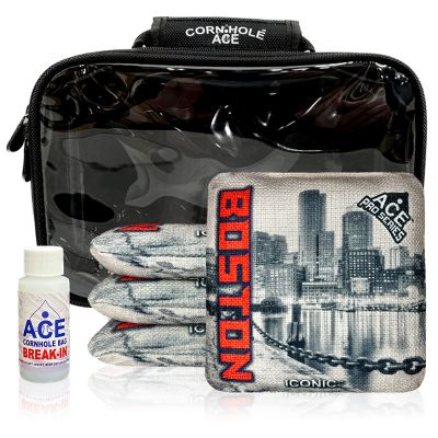 CornholeAce Iconic - Boston - ACE Pro Bag Kit: 4 Bags + Break-in Kit + Carry Case - Professional Cornhole Bags Dual Sided Slick Stick
