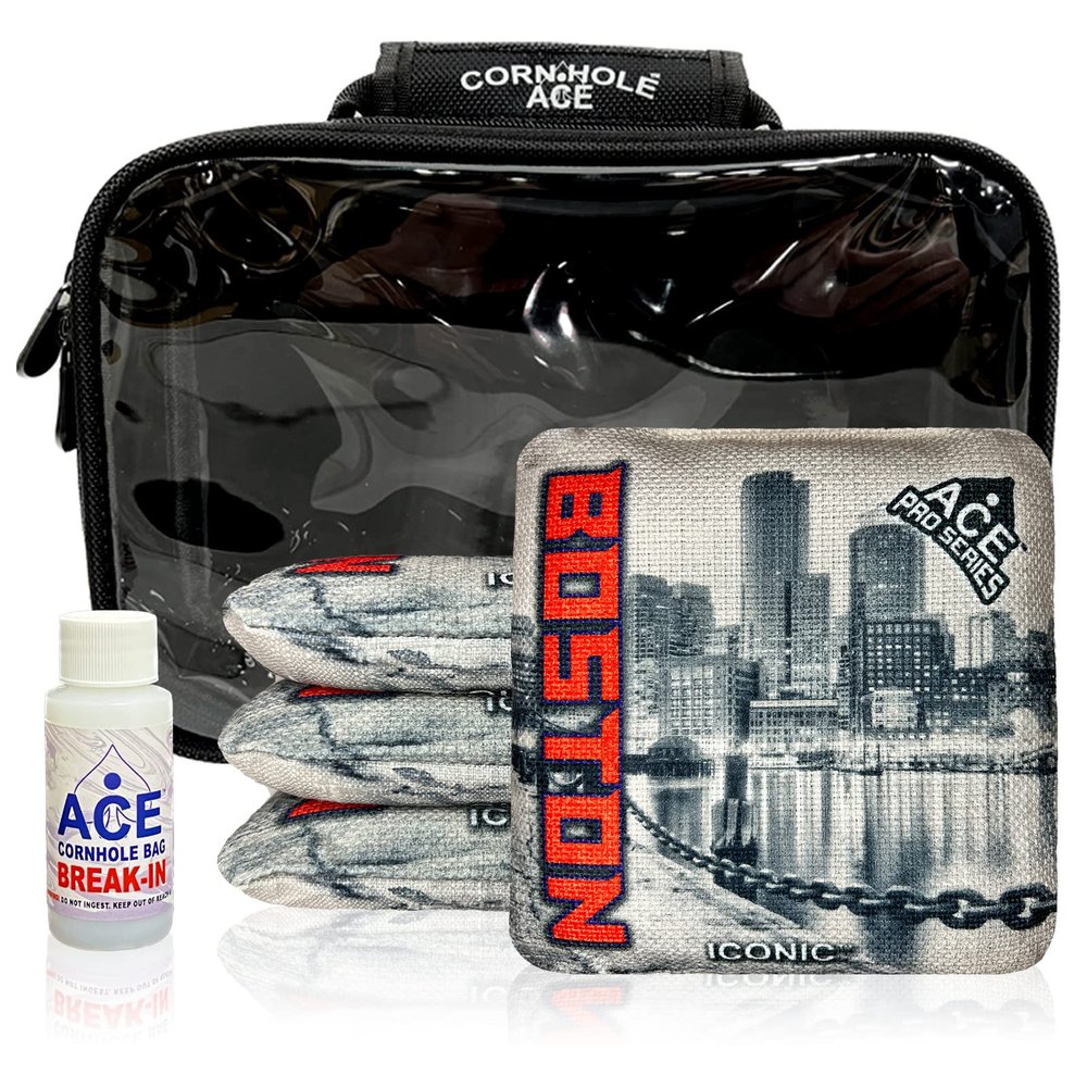 CornholeAce Iconic - Boston - ACE Pro Bag Kit: 4 Bags + Break-in Kit + Carry Case - Professional Cornhole Bags Dual Sided Slick Stick