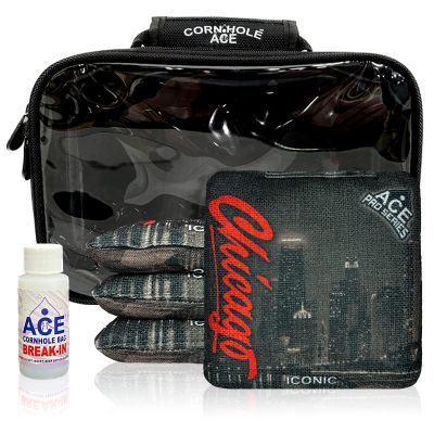 CornholeAce Iconic - Chicago - ACE Pro Bag Kit: 4 Bags + Break-in Kit + Carry Case - Professional Cornhole Bags Dual Sided Slick Stick