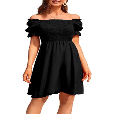 BBcoch Puff Sleeve Smocked Mini Dresses for Women Off Shoulder Square Neck Summer Casual Flowy Dress Black Small