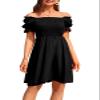 BBcoch Puff Sleeve Smocked Mini Dresses for Women Off Shoulder Square Neck Summer Casual Flowy Dress Black Small view 1