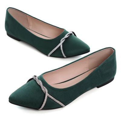 Hee grand Pointed Toe Ballet Flats for Women Suede Rhinestones Chains Dress Shoes Comfort Slip-On Loafers,Green 8.5